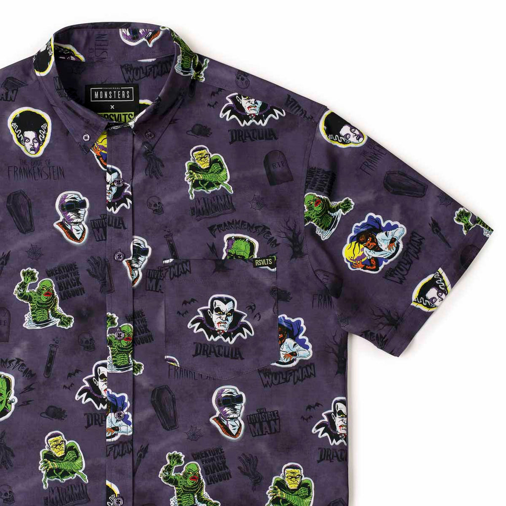 RSVLTS Monstickers KUNUFLEX Short Sleeve Shirt in Purple — front view