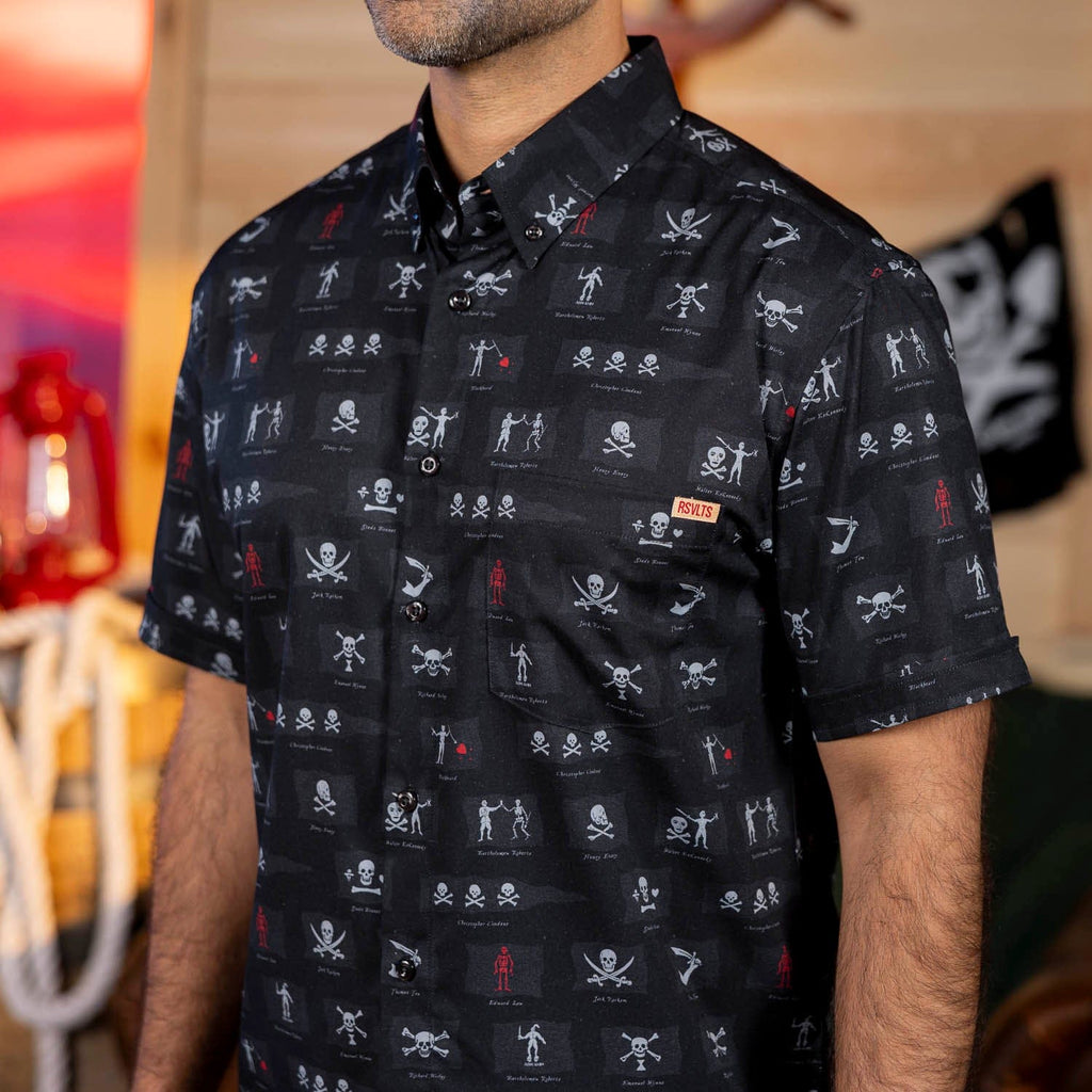 RSVLTS Not-So-Jolly Rogers KUNUFLEX Short Sleeve Shirt in Black — front view