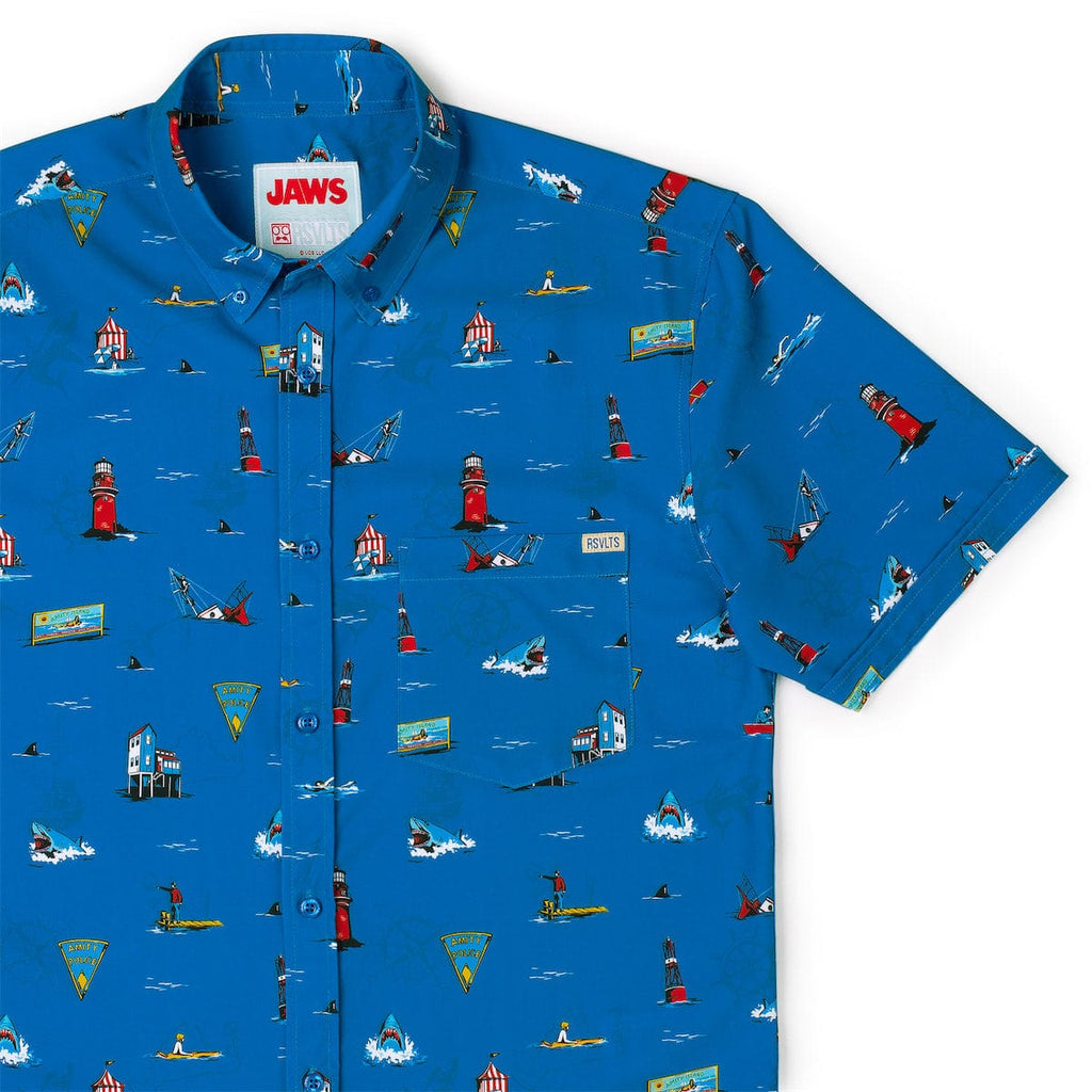 RSVLTS Swim at Your Own Risk KUNUFLEX Short Sleeve Shirt in Blue — front view