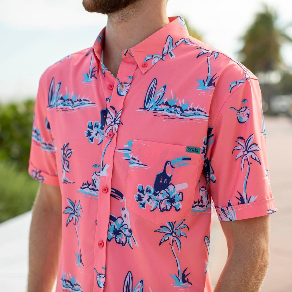 RSVLTS Toucans Are Better Than One KUNUFLEX Short Sleeve Shirt in Pink — front view