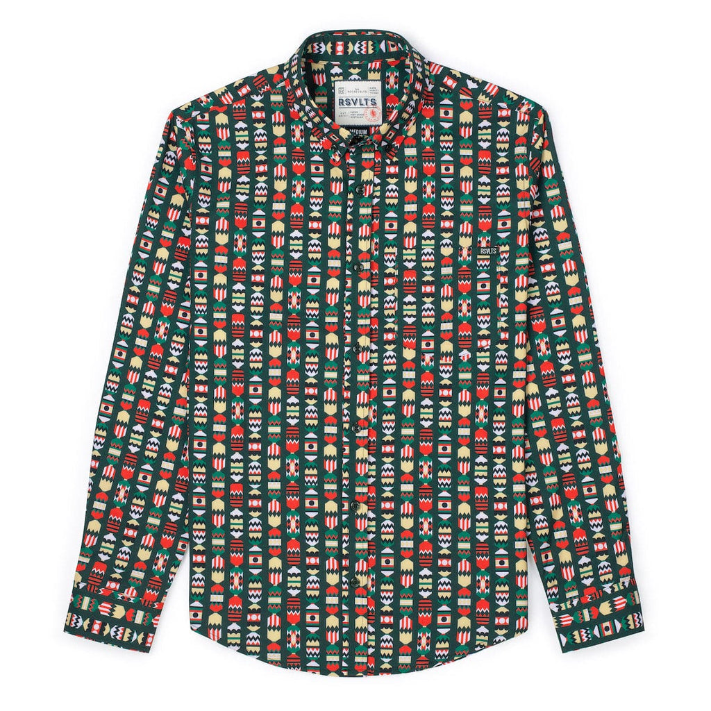 RSVLTS Crackin’ Christmas Long Sleeve Shirt in Green — front view