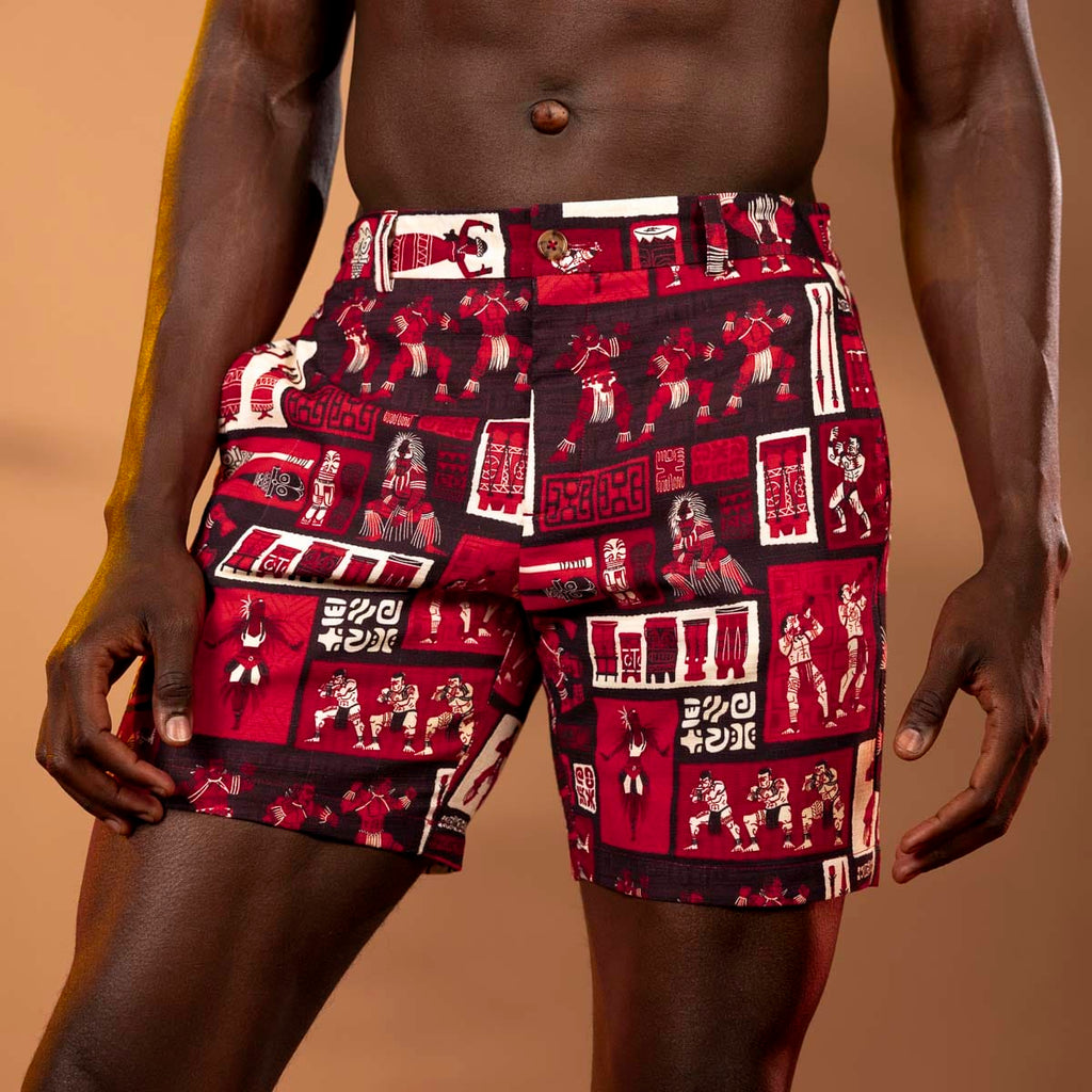 RSVLTS The Spirit of Polynesia Bamboo Resort Shorts in Red — front view