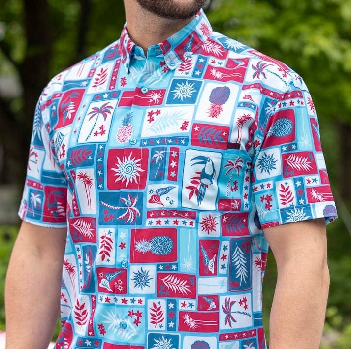 RSVLTS Vacation Nation KUNUFLEX Short Sleeve Shirt in Blue — front view
