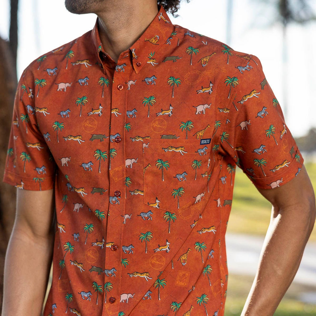 RSVLTS Destination Darjeeling KUNUFLEX Short Sleeve Shirt in Brown — front view