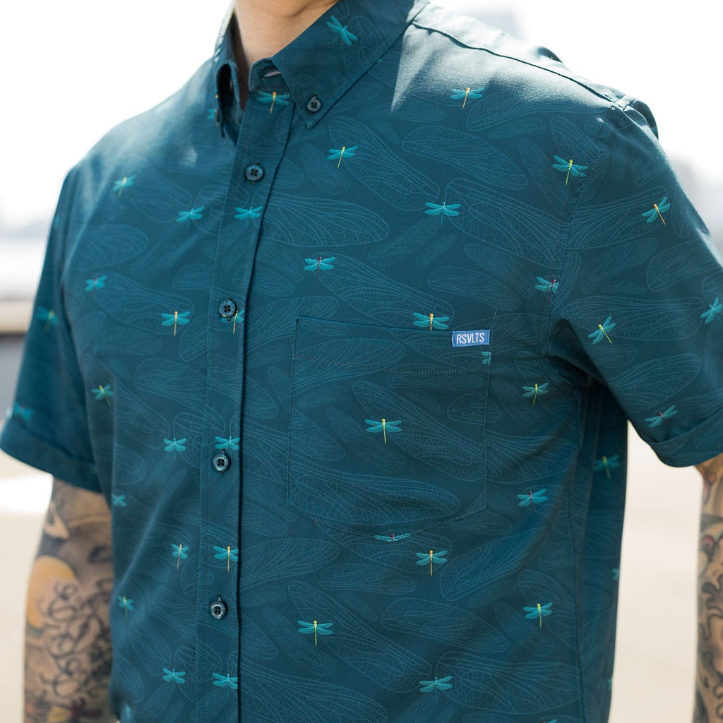 RSVLTS Dragonflies KUNUFLEX Short Sleeve Shirt in Green — detail 4