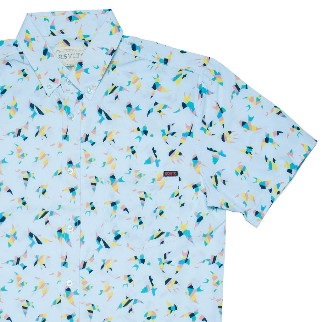 RSVLTS Birds of Play KUNUFLEX Short Sleeve Shirt in Blue — front view