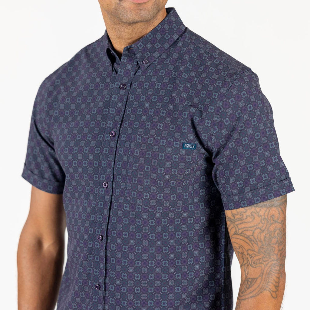 RSVLTS Midnight Mosaic KUNUFLEX Short Sleeve Shirt in Blue — front view