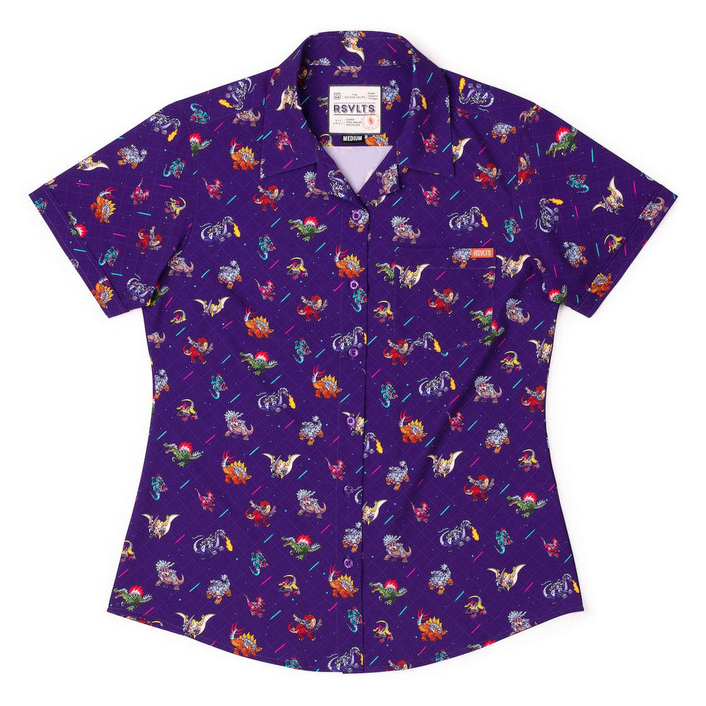 RSVLTS Lazer Dinos Women's KUNUFLEX Short Sleeve Shirt in Purple — front view
