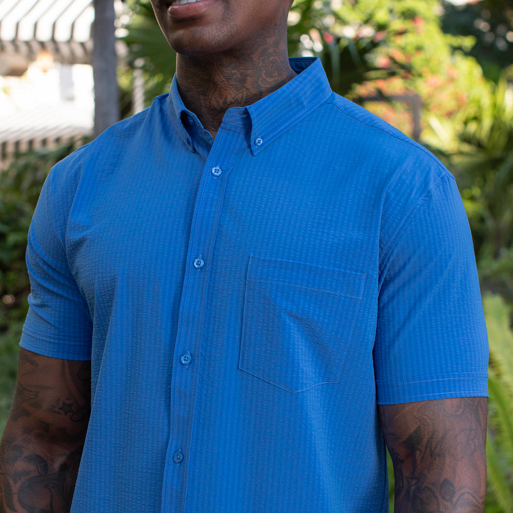 RSVLTS Regatta Stretch Seersucker Short Sleeve Shirt in Blue — detail 9