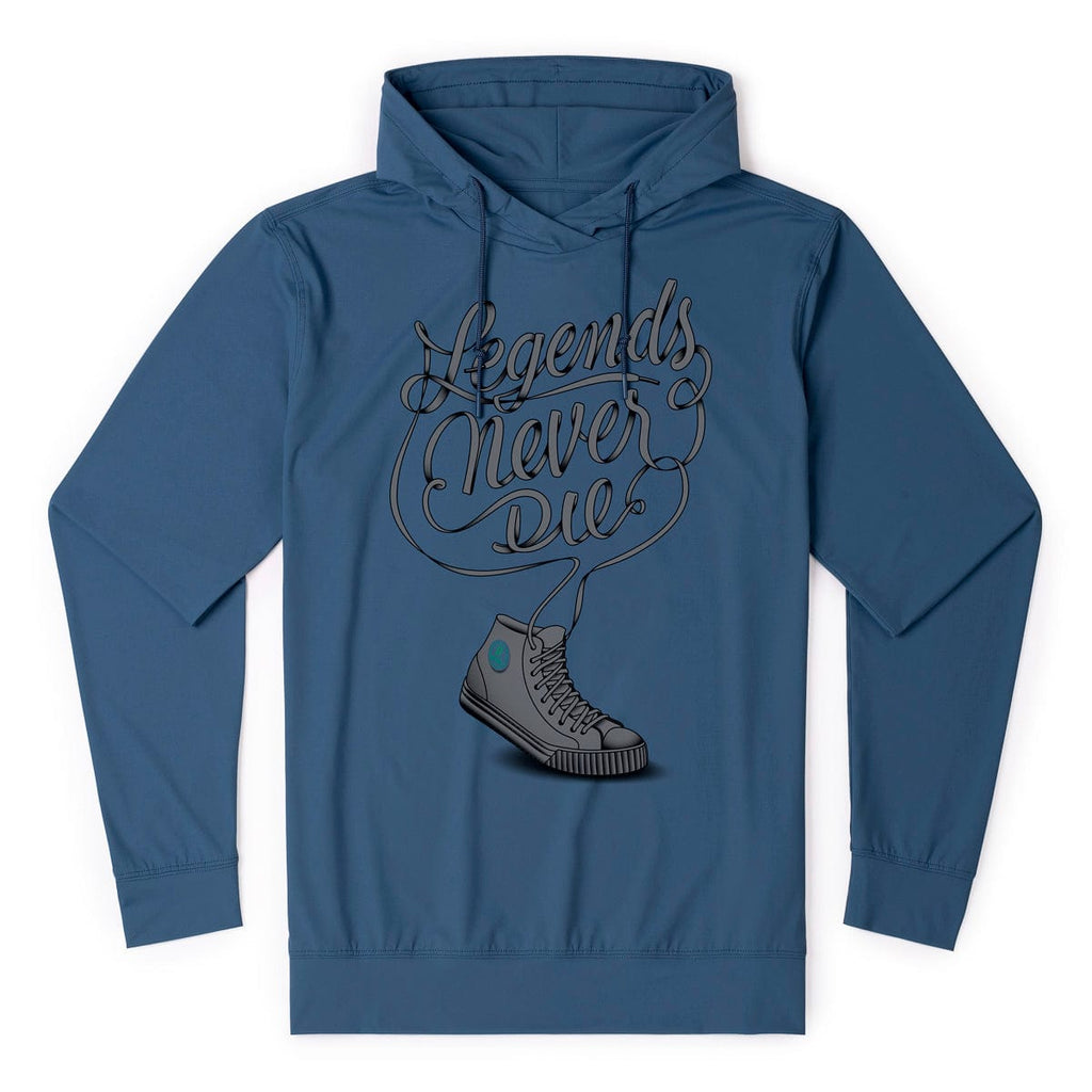 RSVLTS Legends Never Die (Navy) Performance Hoodie in Blue — front view