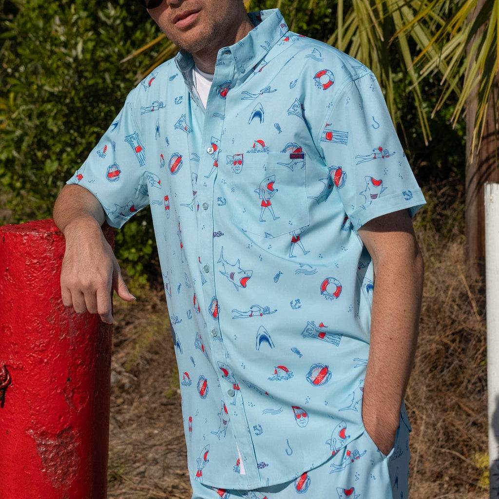 RSVLTS Amity Island Welcomes You KUNUFLEX Short Sleeve Shirt in Blue — detail 10