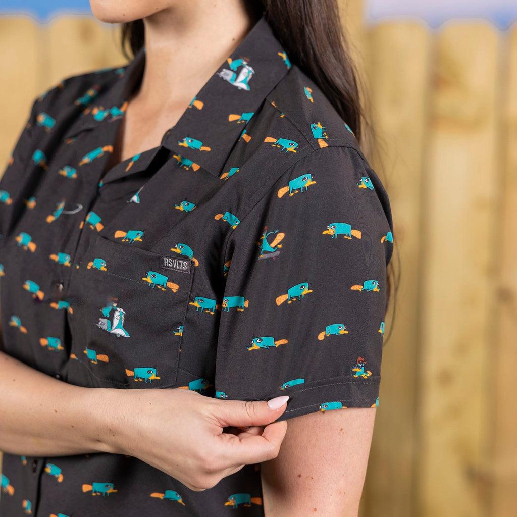 RSVLTS Semi-Aquatic Egg-Laying Mammal of Action Women's KUNUFLEX Short Sleeve Shirt in Black — detail 7