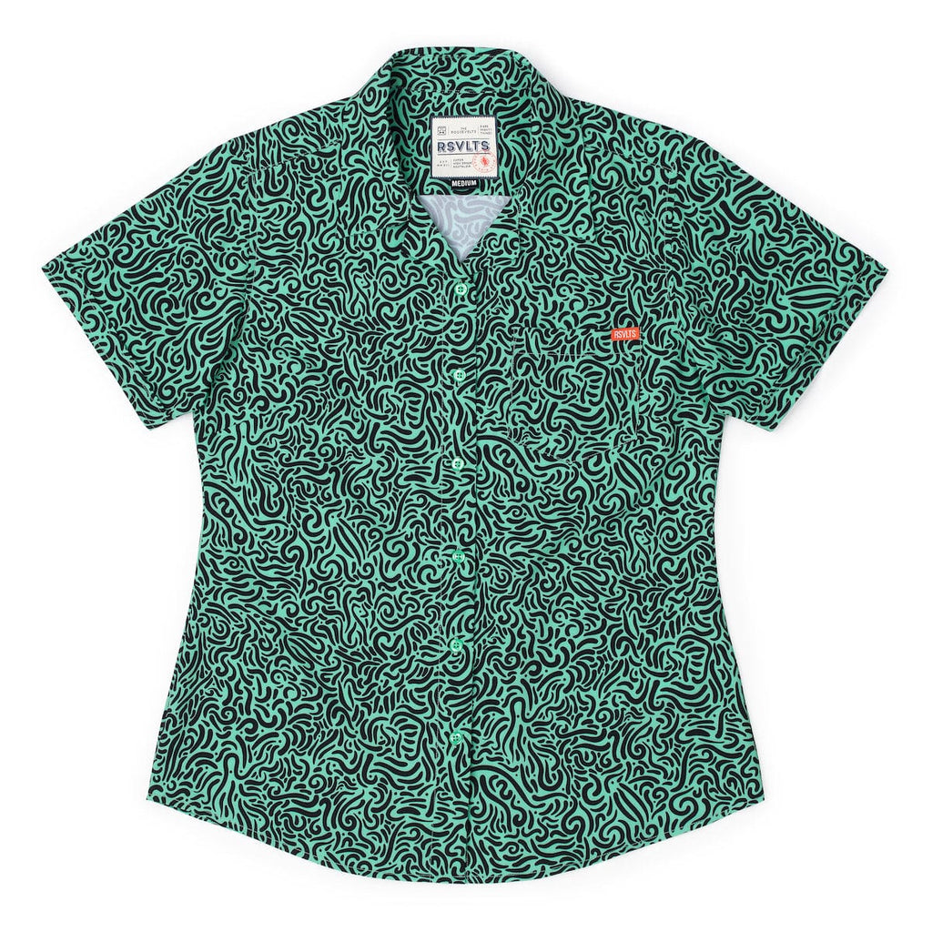 RSVLTS Squiggle Zoo Women's KUNUFLEX Short Sleeve Shirt in Black — front view