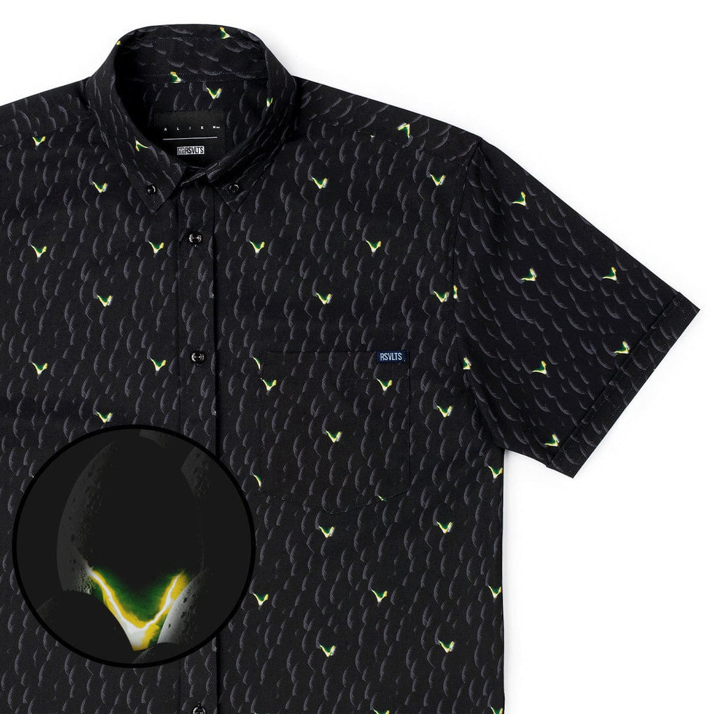 RSVLTS Hatching Horrors KUNUFLEX Short Sleeve Shirt in Black — front view
