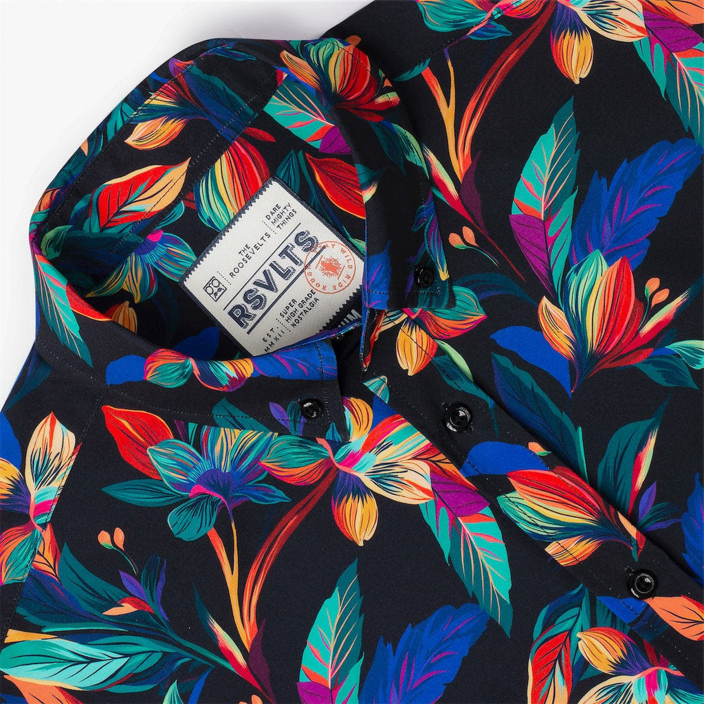 RSVLTS Vibrant Bloom KUNUFLEX Short Sleeve Shirt in Black — detail 10