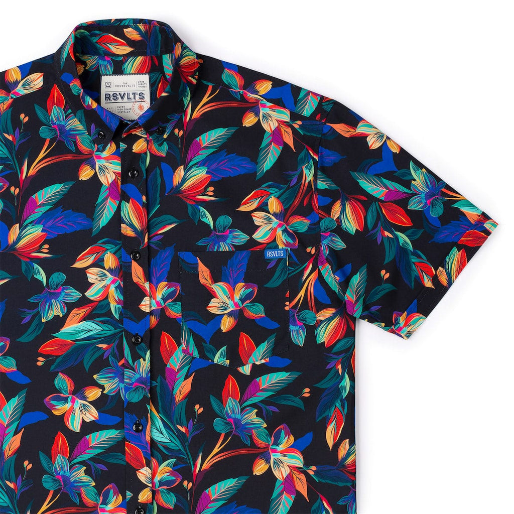 RSVLTS Vibrant Bloom KUNUFLEX Short Sleeve Shirt in Black — detail 6
