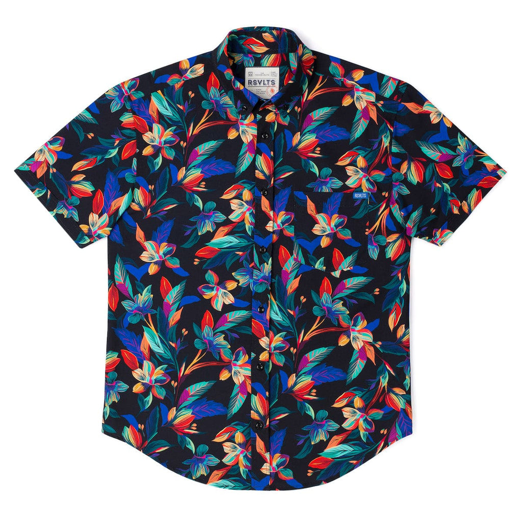 RSVLTS Vibrant Bloom KUNUFLEX Short Sleeve Shirt in Black — detail 9