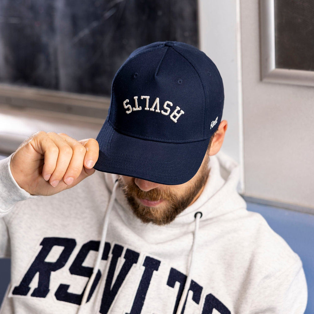 RSVLTS The Flip 5-Panel Curved Brim Hat in Blue — front view