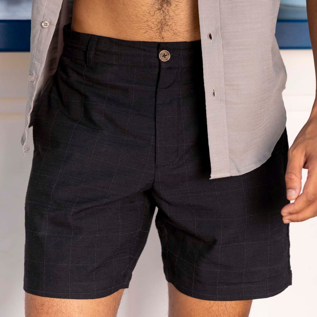 RSVLTS Obsidian Black Bamboo Resort Shorts in Black — front view