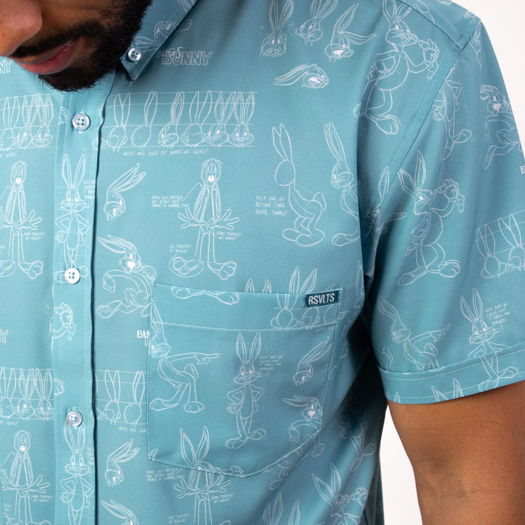 RSVLTS Bunny Blueprints KUNUFLEX Short Sleeve Shirt in Blue — front view