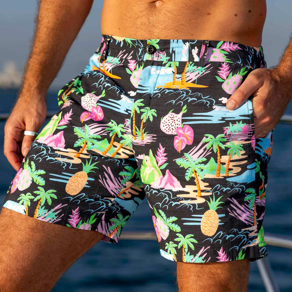 RSVLTS Neon Vacay Bamboo Resort Shorts in Black — front view