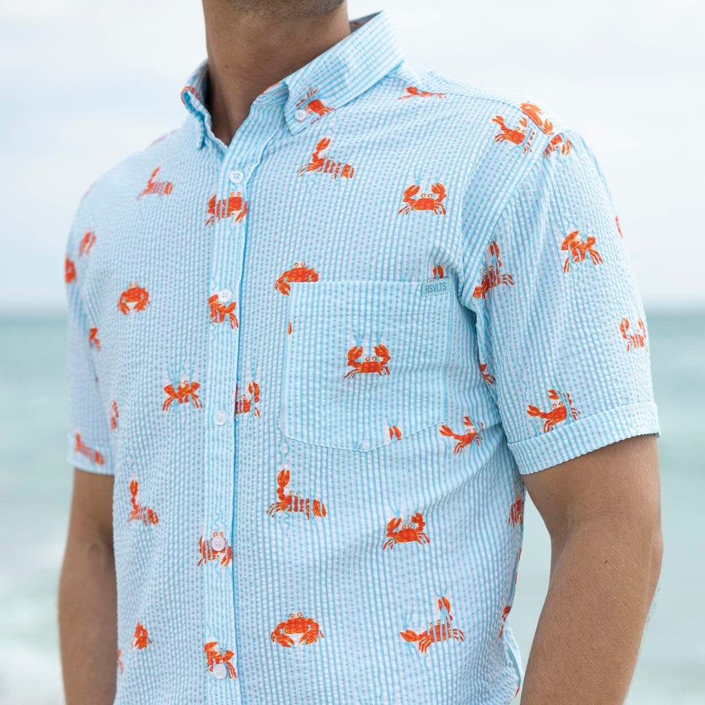 RSVLTS Crabs Stretch Seersucker Short Sleeve Shirt in Blue — detail 2