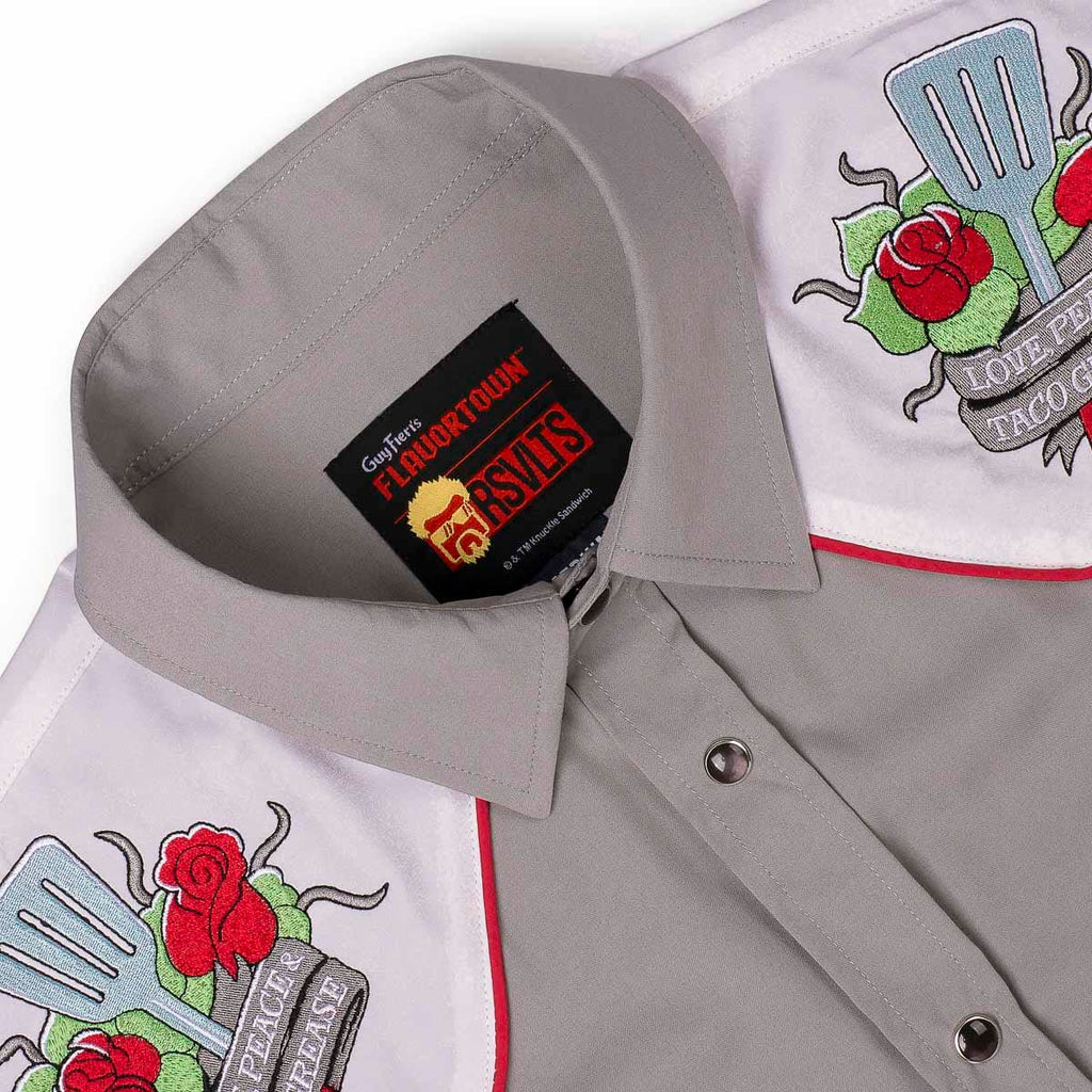 RSVLTS Love, Peace & Taco Grease Roper Short Sleeve Shirt in Gray — detail 7