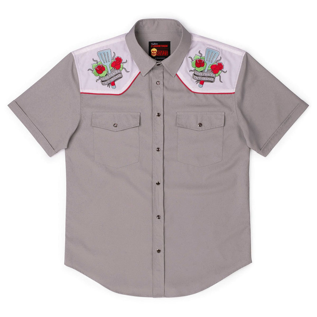 RSVLTS Love, Peace & Taco Grease Roper Short Sleeve Shirt in Gray — detail 4