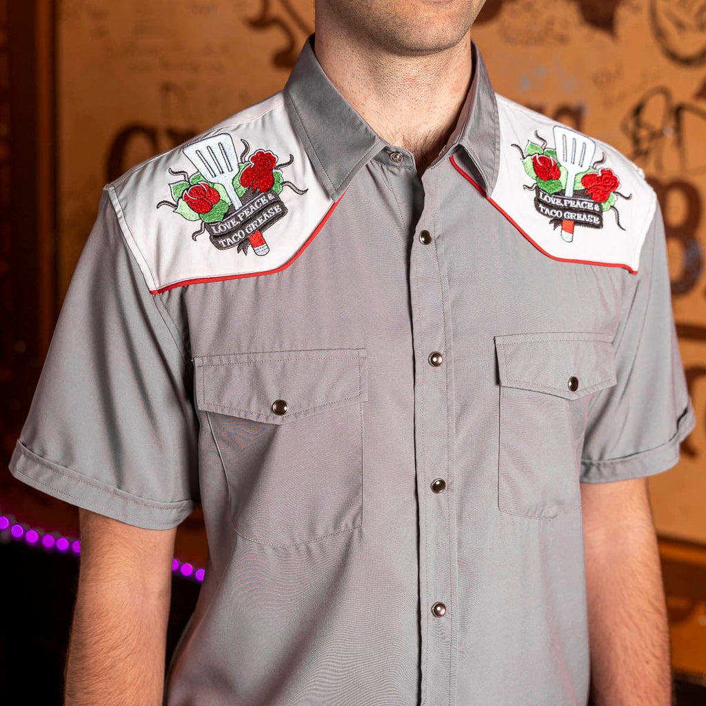 RSVLTS Love, Peace & Taco Grease Roper Short Sleeve Shirt in Gray — detail 6