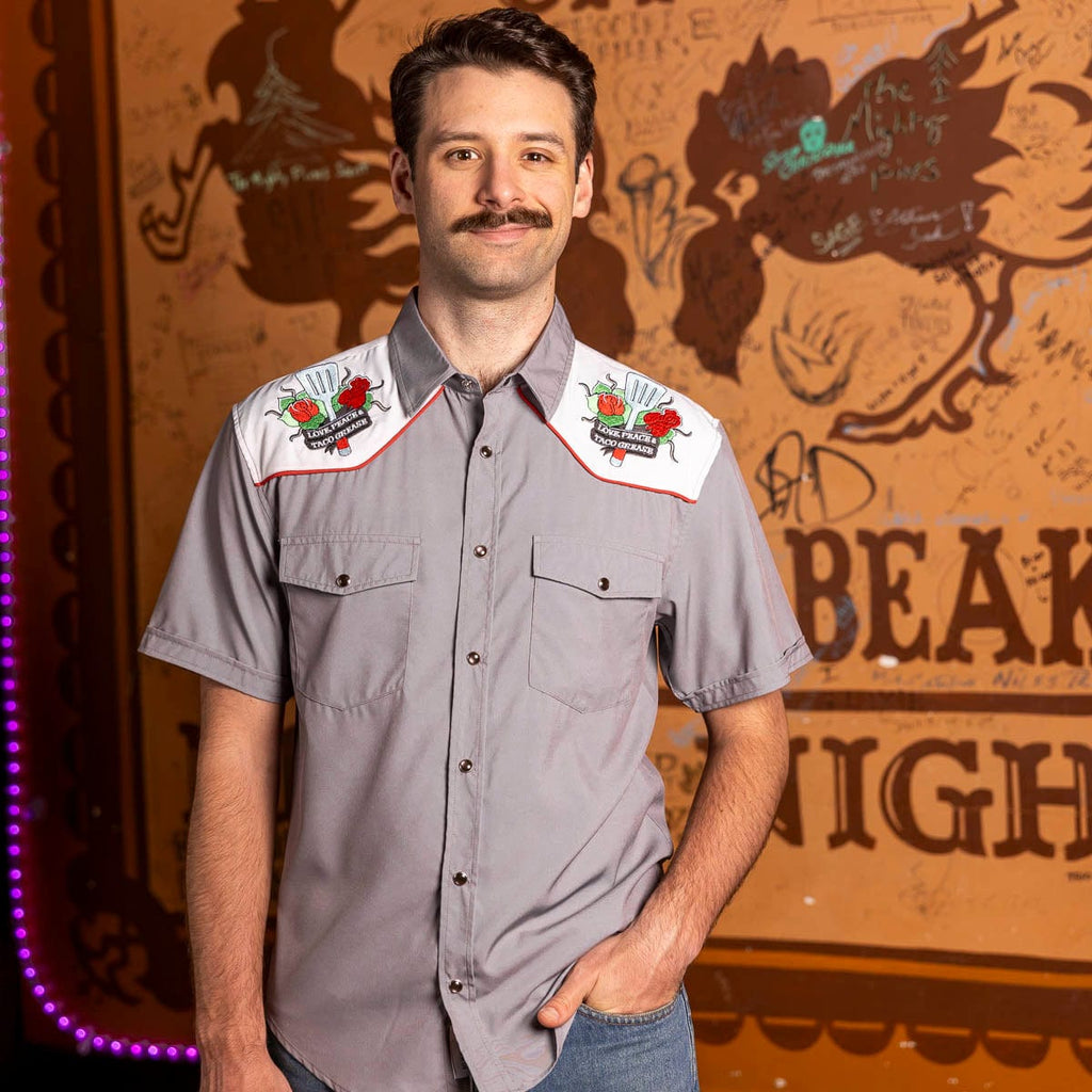 RSVLTS Love, Peace & Taco Grease Roper Short Sleeve Shirt in Gray — detail 3