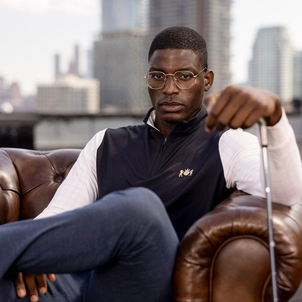 RSVLTS Finance Bro Black (Crest) Quarter Zip in Black — front view
