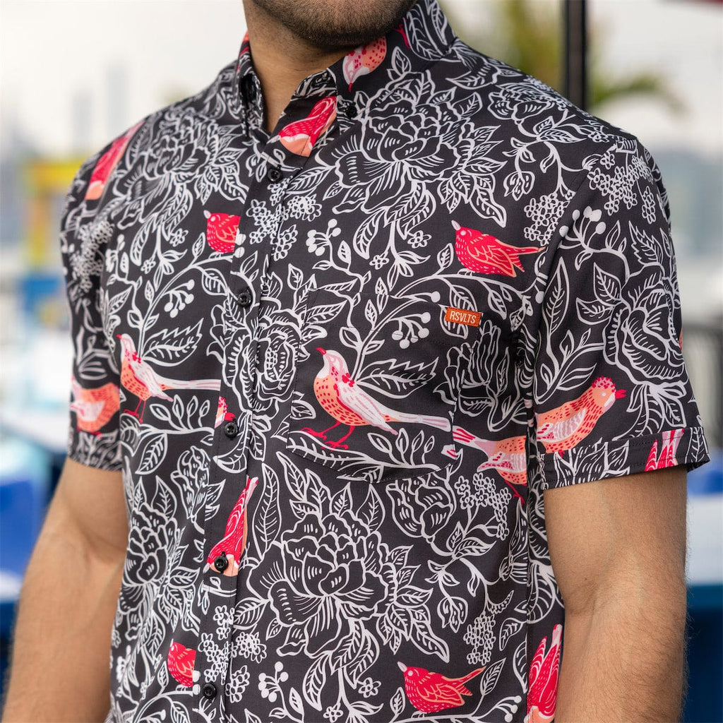 RSVLTS Robins and Roses KUNUFLEX Short Sleeve Shirt in Black — detail 2