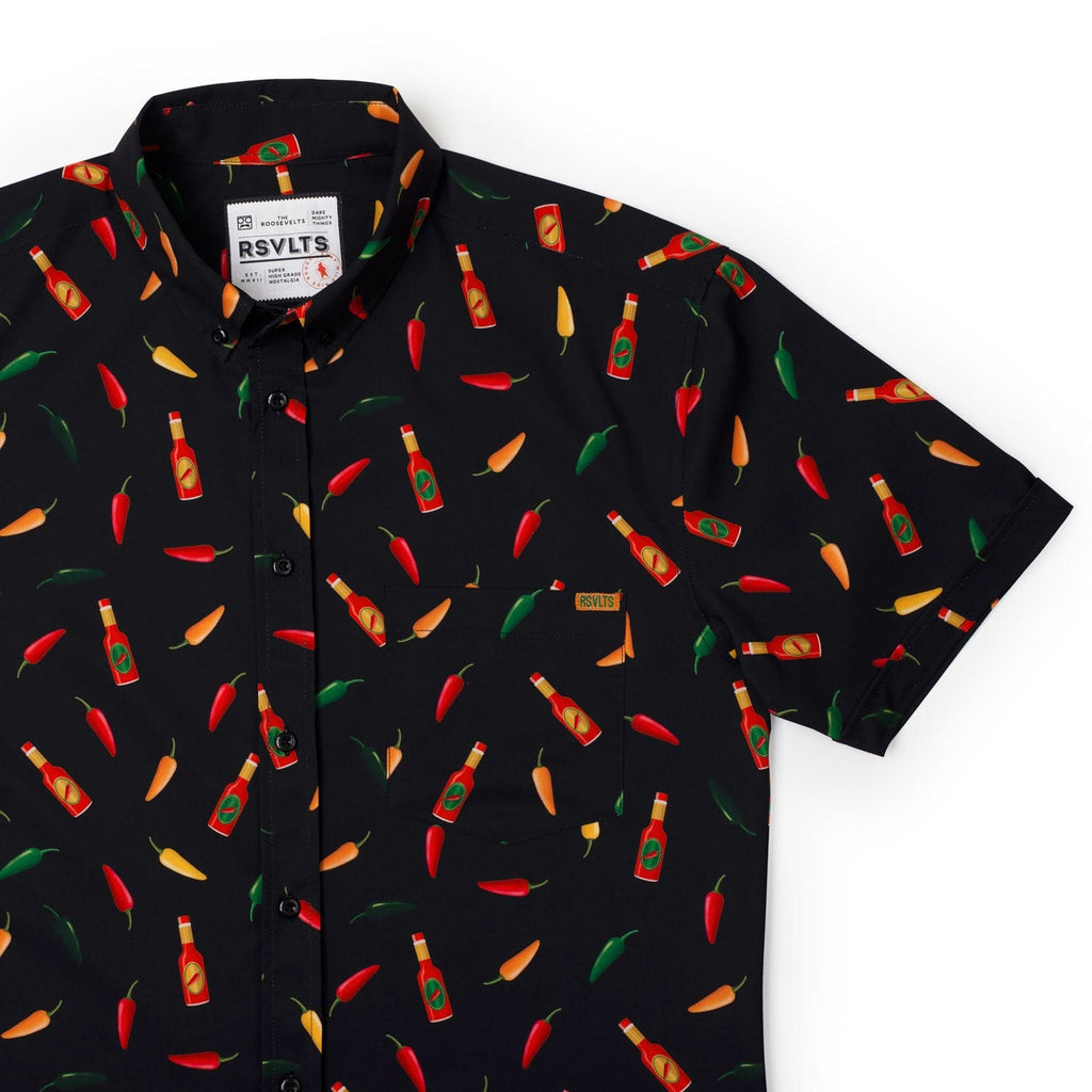 RSVLTS Chili Peppers & Hot Sauce KUNUFLEX Short Sleeve Shirt in Black — front view