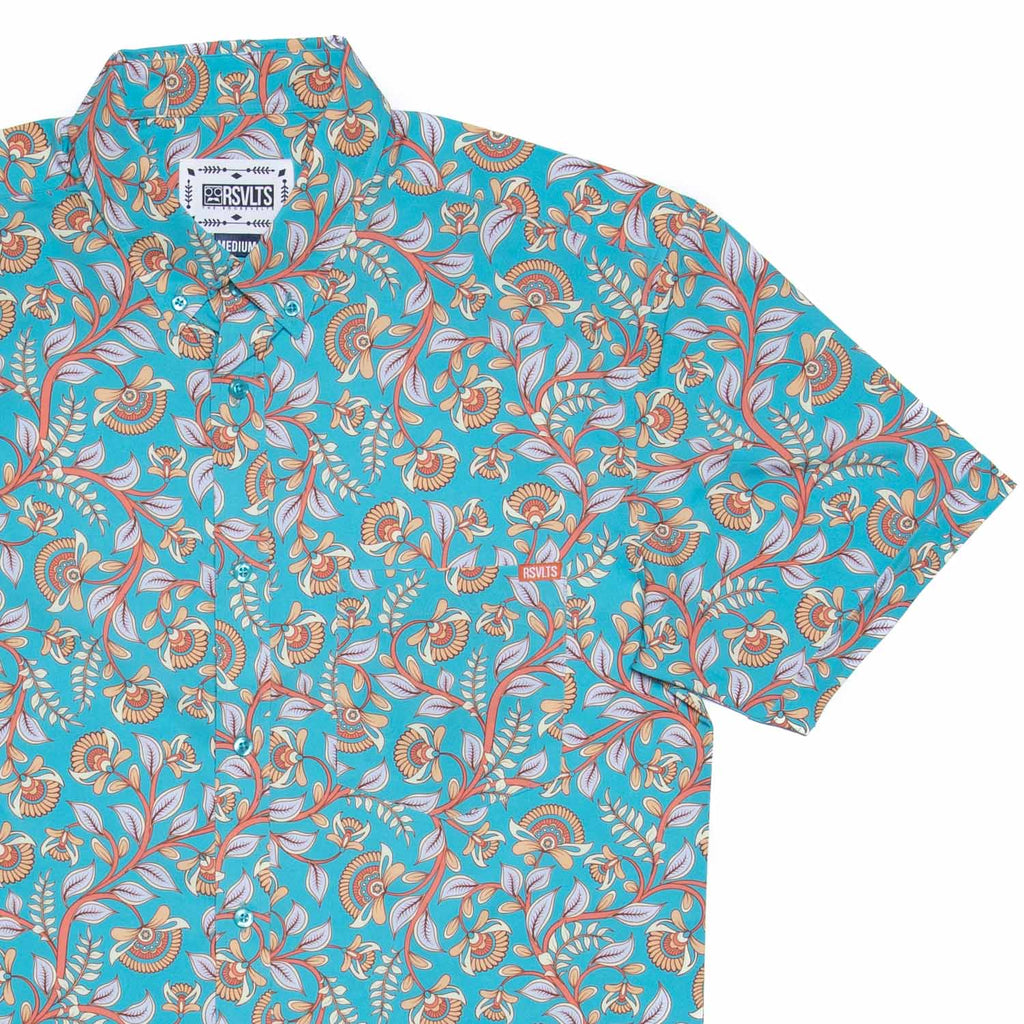 RSVLTS Kalamkari KUNUFLEX Short Sleeve Shirt in Blue — front view