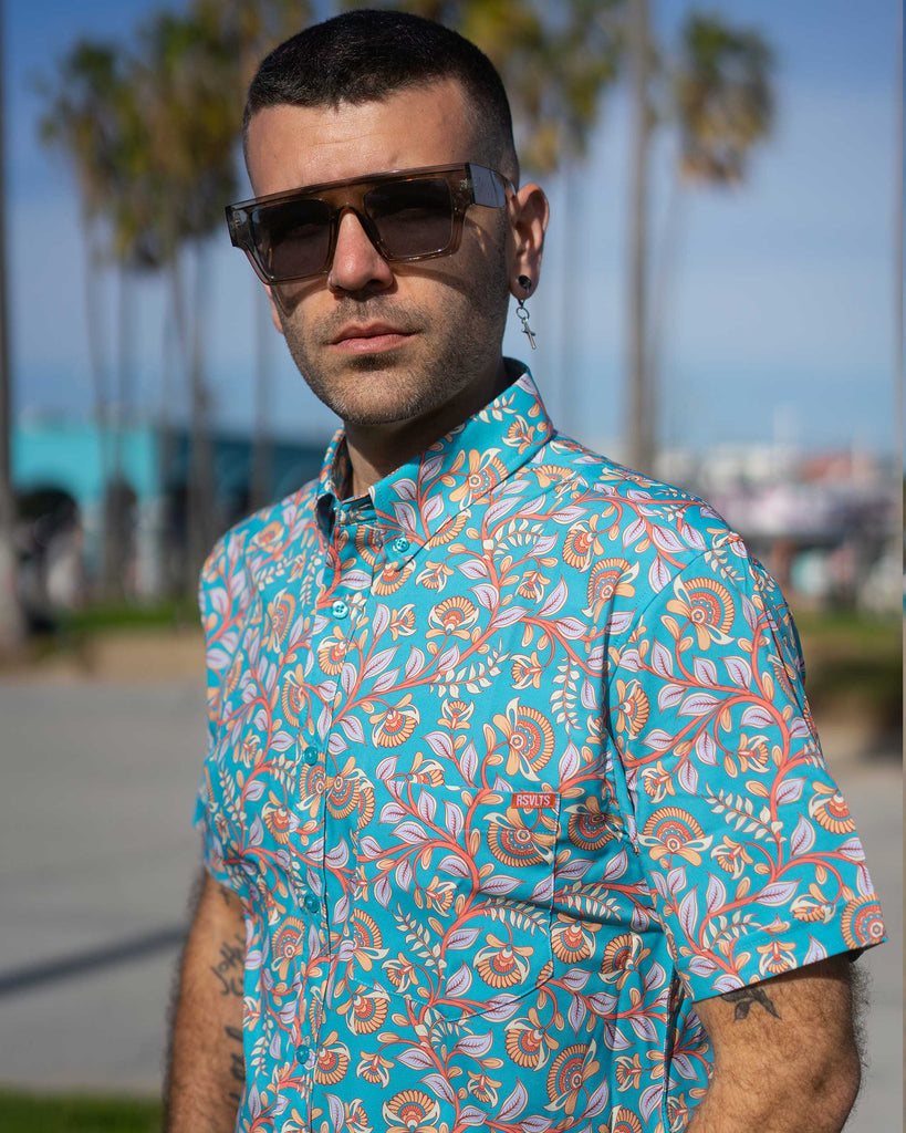 RSVLTS Kalamkari KUNUFLEX Short Sleeve Shirt in Blue — detail 3