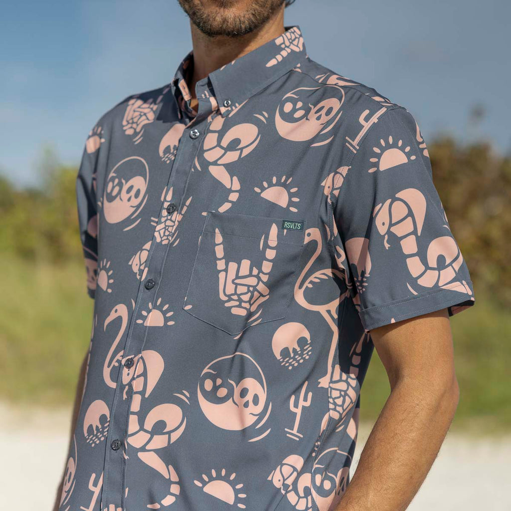 RSVLTS Snakes, Skulls, and Sunsets KUNUFLEX Short Sleeve Shirt in Gray — front view