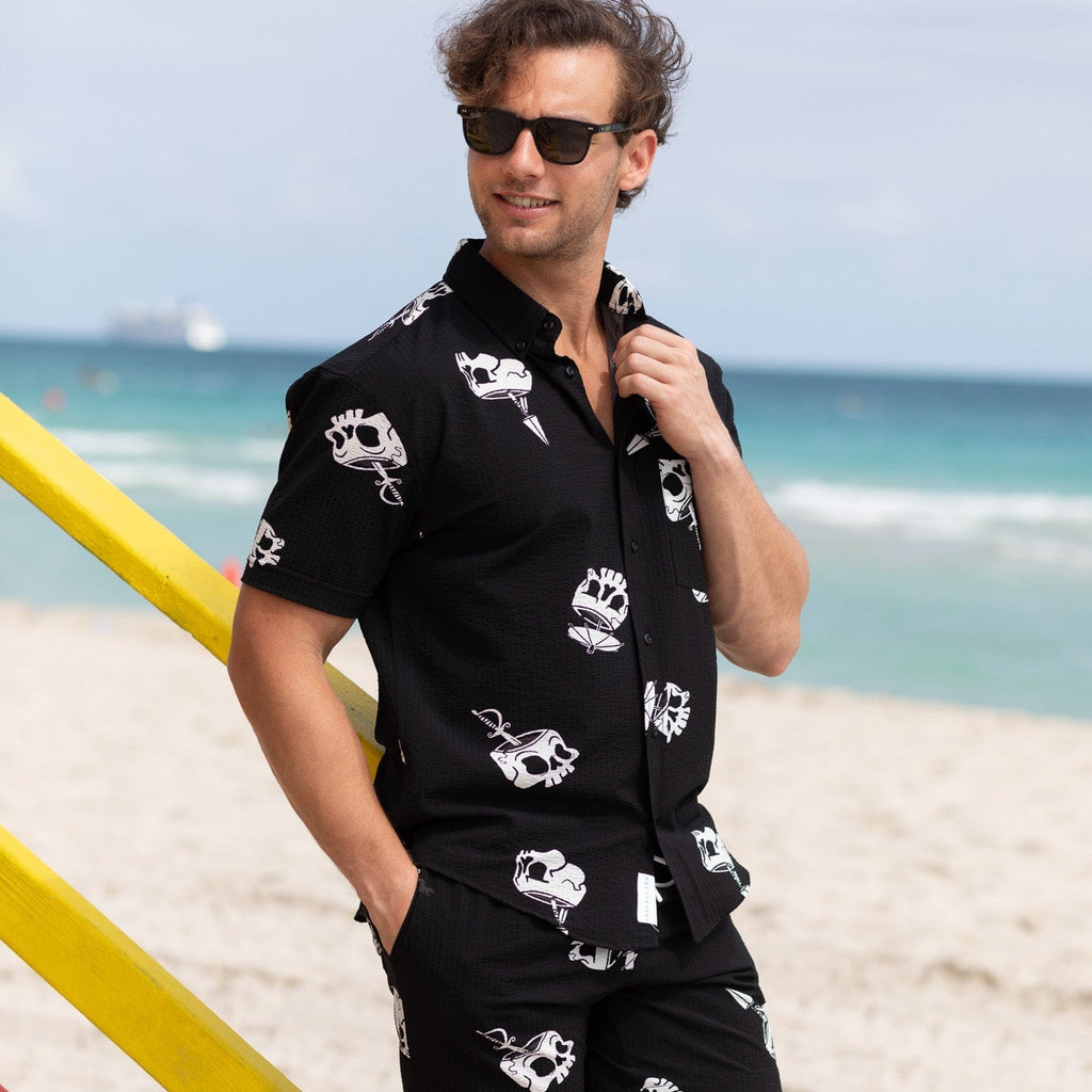 RSVLTS Isla Tortuga Stretch Seersucker Short Sleeve Shirt in Black — detail 3
