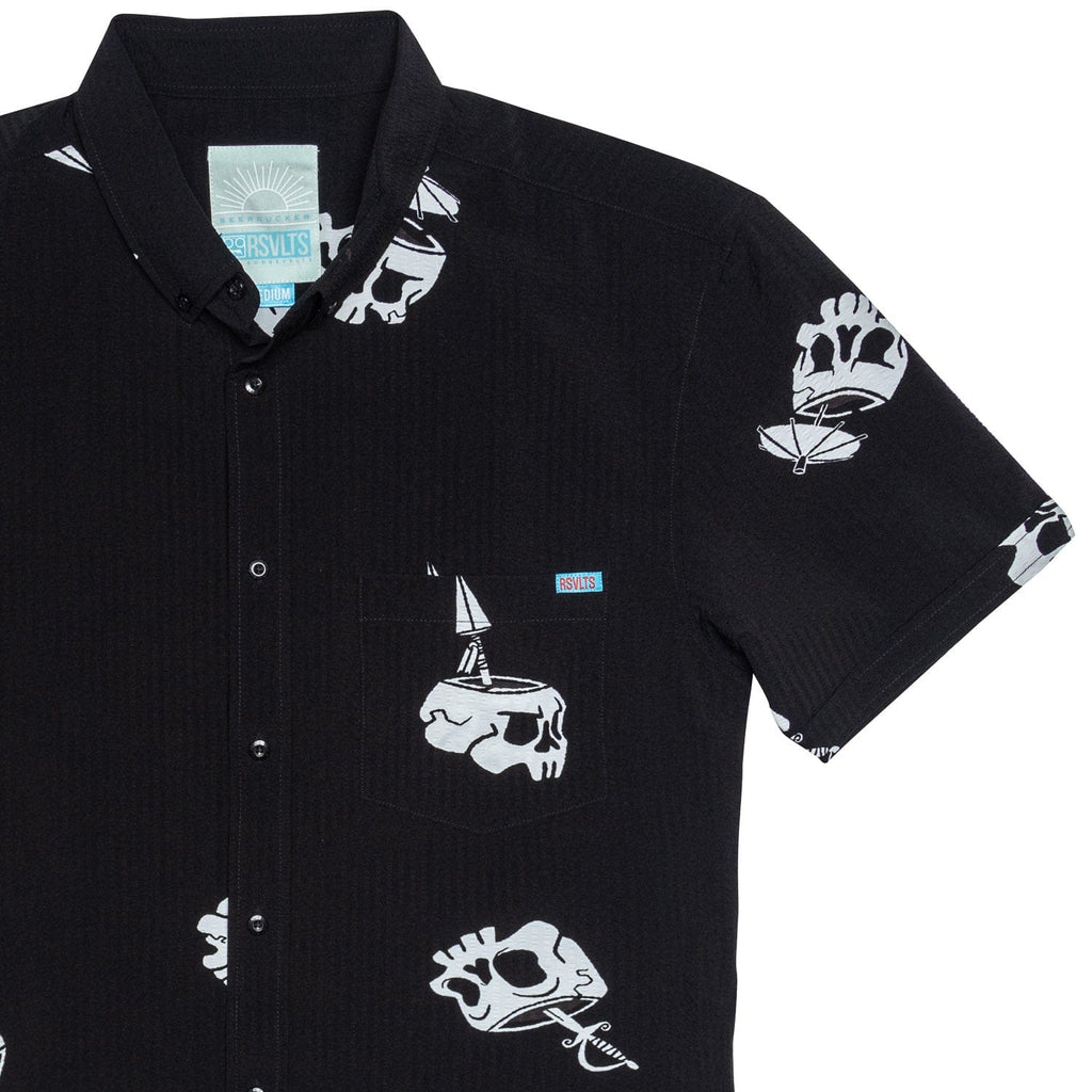RSVLTS Isla Tortuga Stretch Seersucker Short Sleeve Shirt in Black — front view