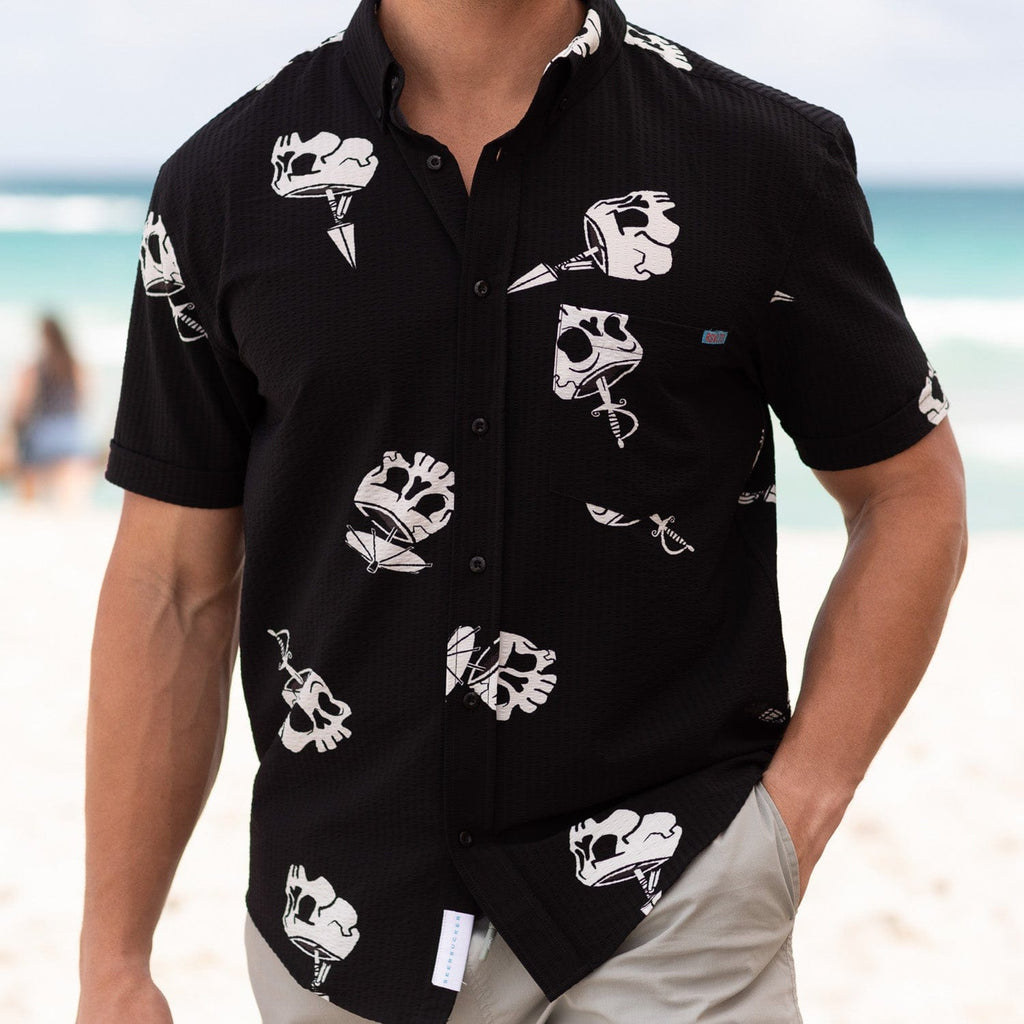 RSVLTS Isla Tortuga Stretch Seersucker Short Sleeve Shirt in Black — detail 8