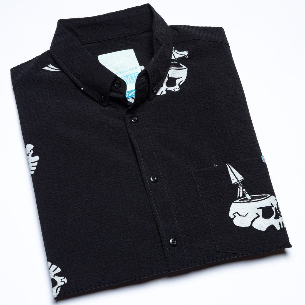 RSVLTS Isla Tortuga Stretch Seersucker Short Sleeve Shirt in Black — detail 9
