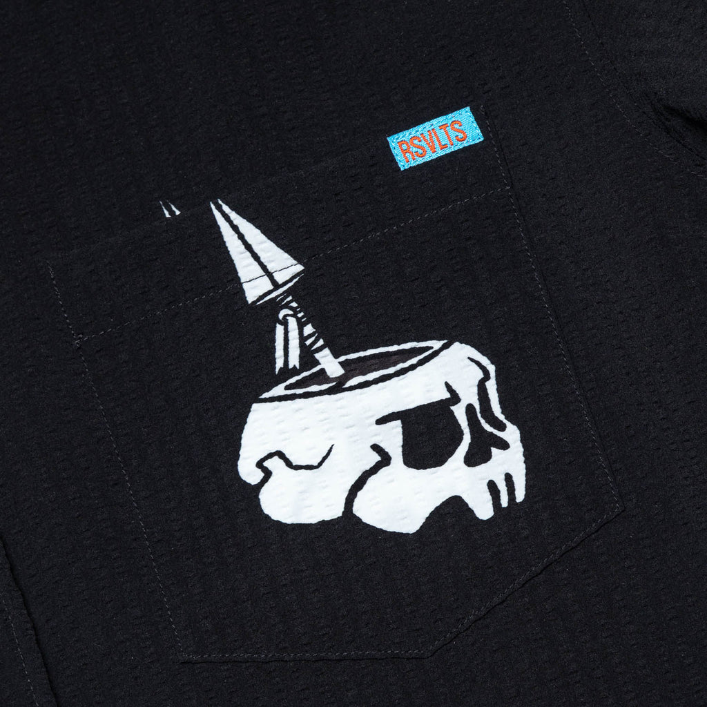 RSVLTS Isla Tortuga Stretch Seersucker Short Sleeve Shirt in Black — detail 6