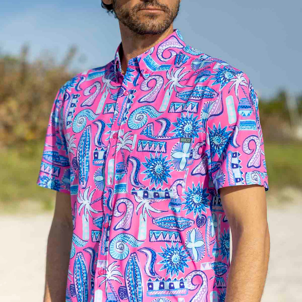 RSVLTS Pink Sand Beach KUNUFLEX Short Sleeve Shirt in Pink — front view
