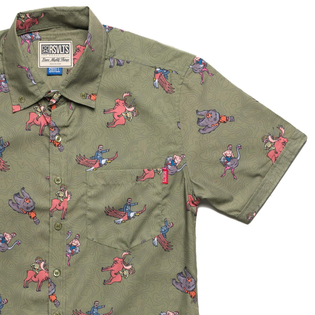 RSVLTS Teddy Riding Things KUNUFLEX Short Sleeve Shirt in Green — front view