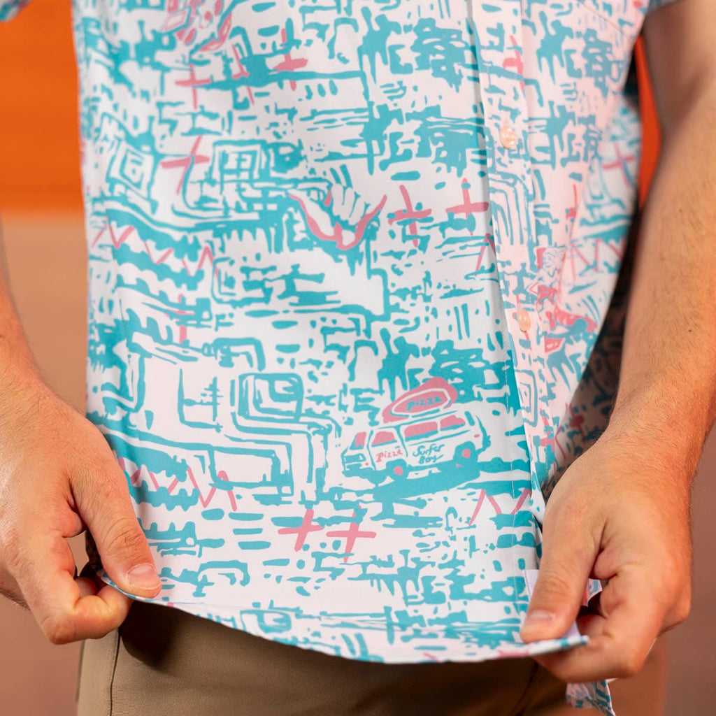 RSVLTS Surfer Boy Pizza KUNUFLEX Short Sleeve Shirt in Blue — detail 12