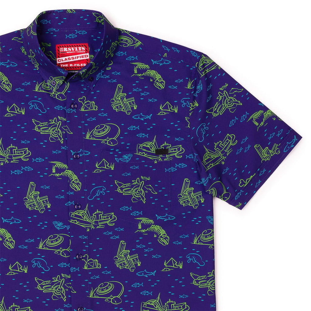 RSVLTS Bermuda Boneyard KUNUFLEX Short Sleeve Shirt in Blue — front view