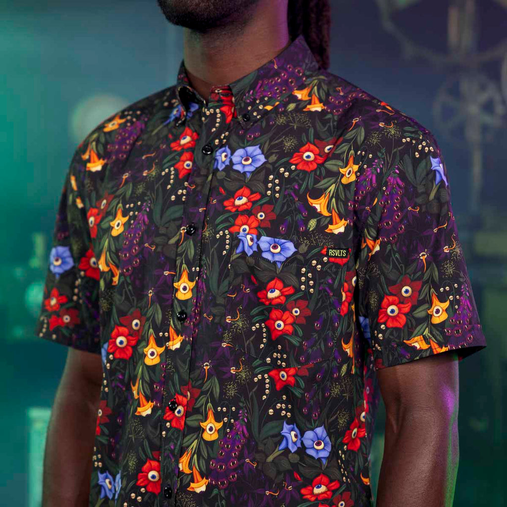 RSVLTS Freaky Flowers KUNUFLEX Short Sleeve Shirt in Black — detail 2