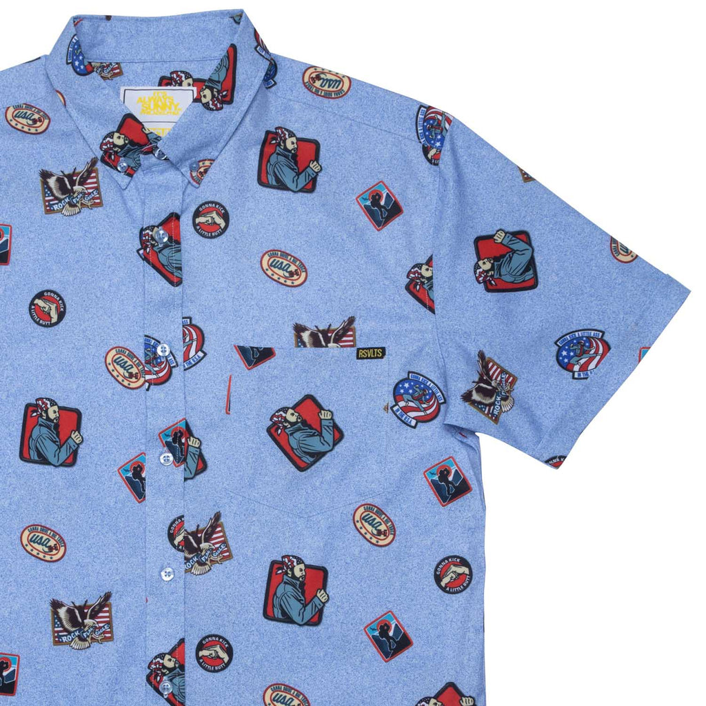 RSVLTS Rock, Flag, and Eagle KUNUFLEX Short Sleeve Shirt in Blue — front view