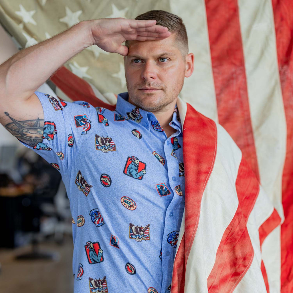 RSVLTS Rock, Flag, and Eagle KUNUFLEX Short Sleeve Shirt in Blue — detail 6