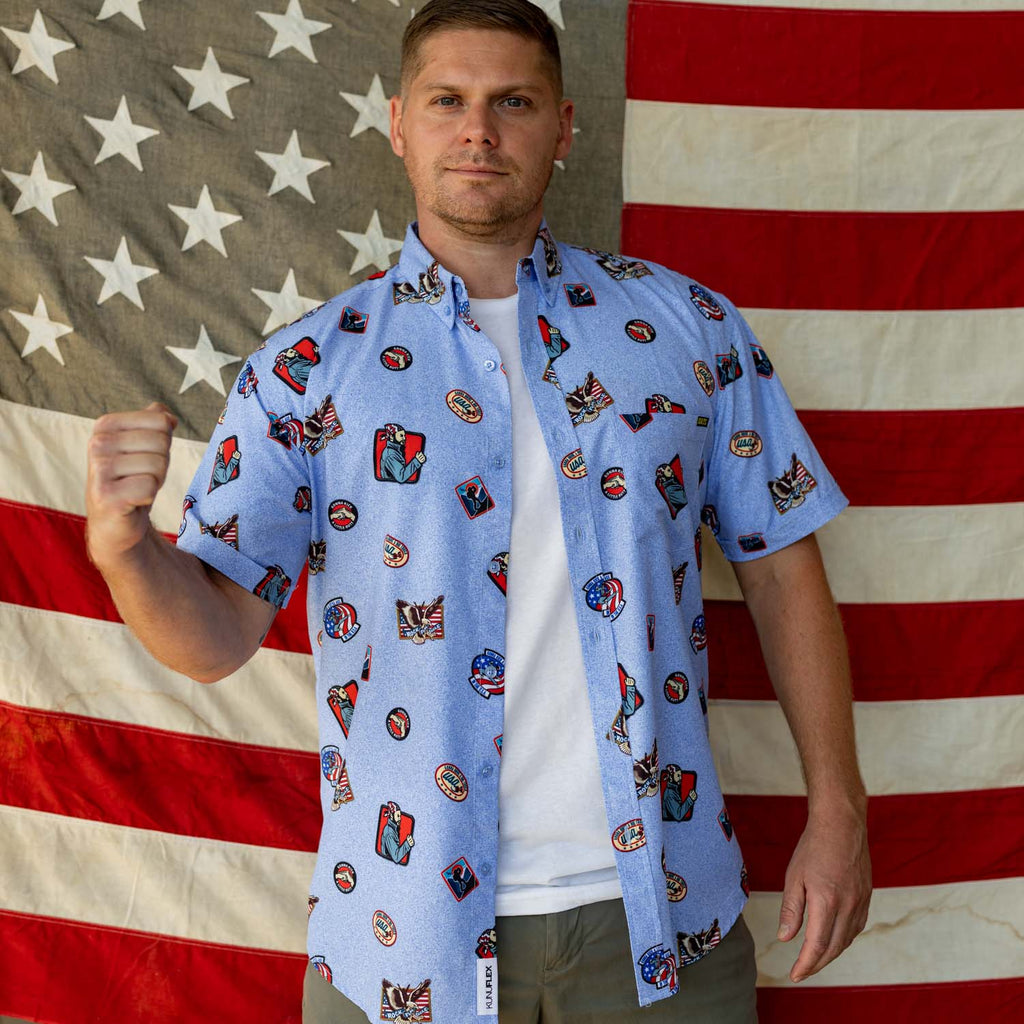 RSVLTS Rock, Flag, and Eagle KUNUFLEX Short Sleeve Shirt in Blue — detail 7