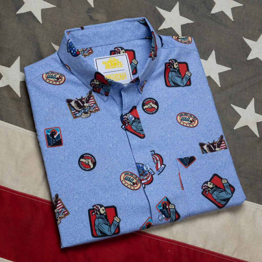 RSVLTS Rock, Flag, and Eagle KUNUFLEX Short Sleeve Shirt in Blue — detail 9